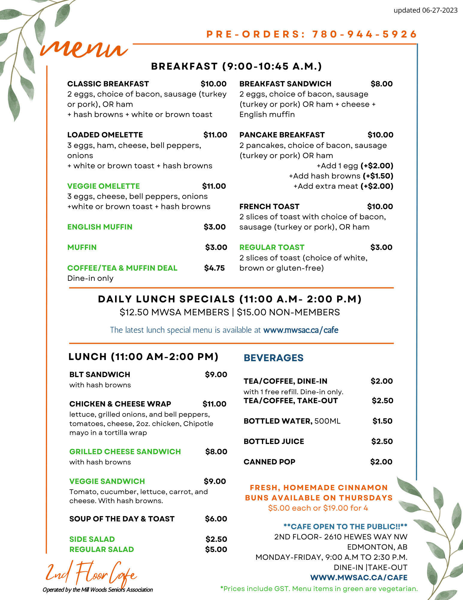 MWSA 2ND FLOOR CAFE BREAKFAST AND LUNCH MENU